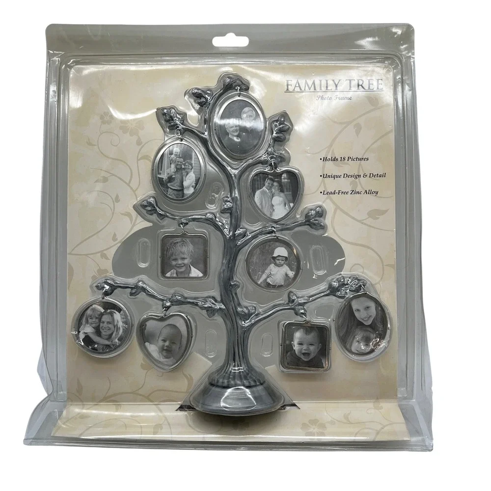 Family Tree Photo Frame Display NIB Silver 18 Picture Lead-Free Zinc Alloy Decor